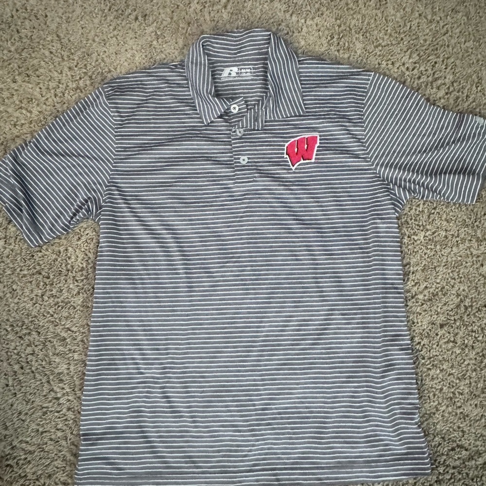Russell Athletic Gray & White Striped Polo with Red 'W' Chest Patch